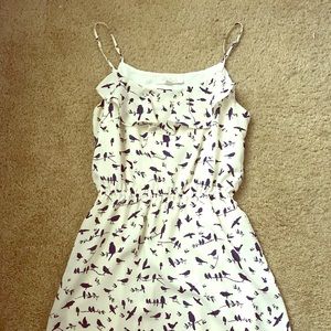 Sun dress with navy blue bird print
